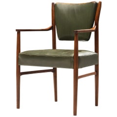 Danish Armchair in Original Olive Green Leather