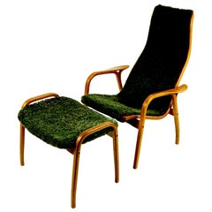 Scandinavian Teak and Green Sheepskin Lamino Chair by Yngve Ekstrom for Swedese