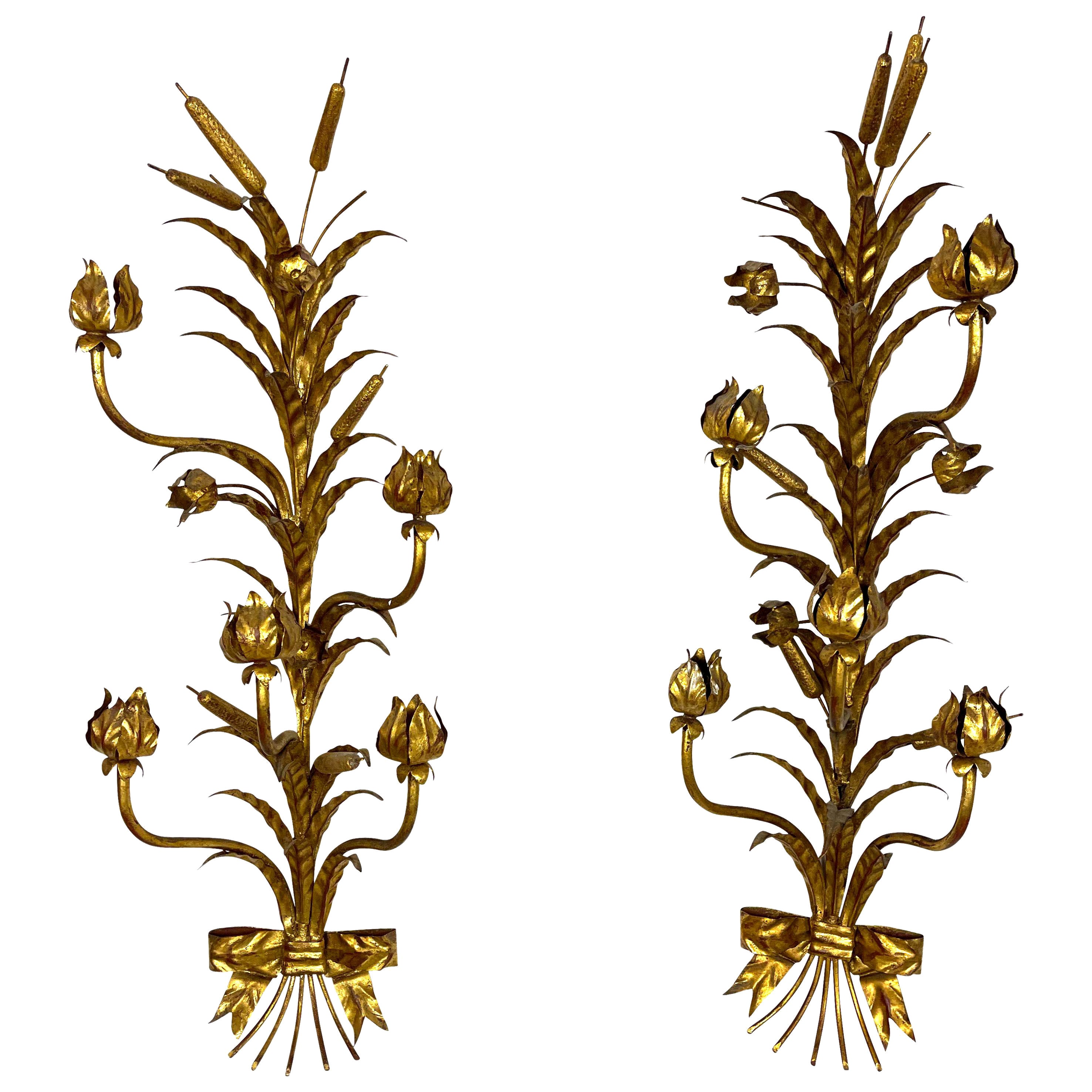 Pair of Decorative Italian Gilt Metal Candle Sconces Bulrush Motif For Sale