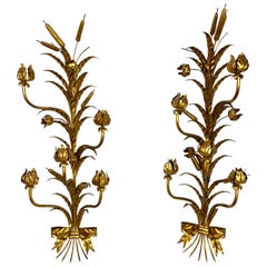 Retro Pair of Decorative Italian Gilt Metal Candle Sconces Bulrush Motif