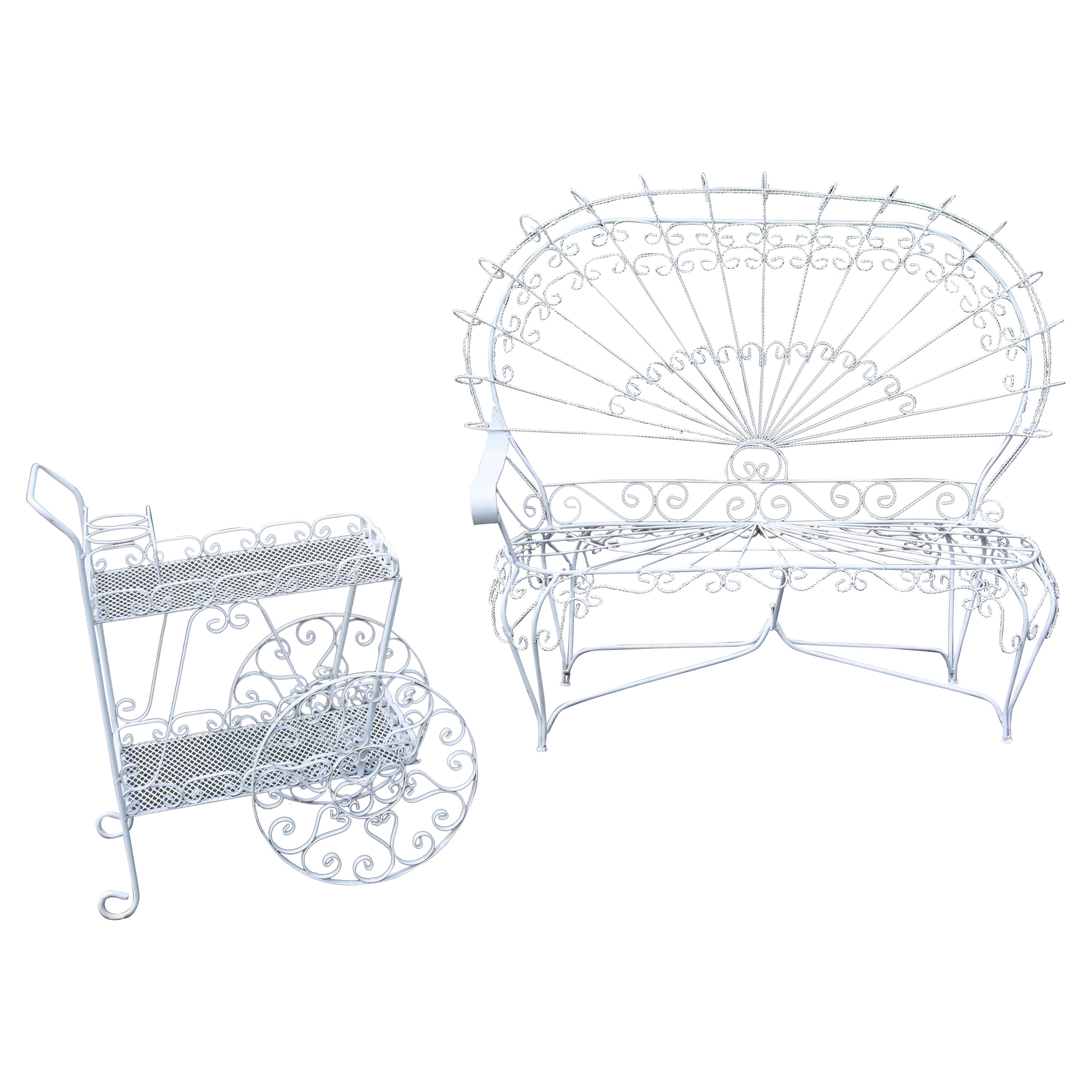 Mid-Century Modern Salterini Twisted Wrought Iron Patio Set Settee Tea Cart 50s