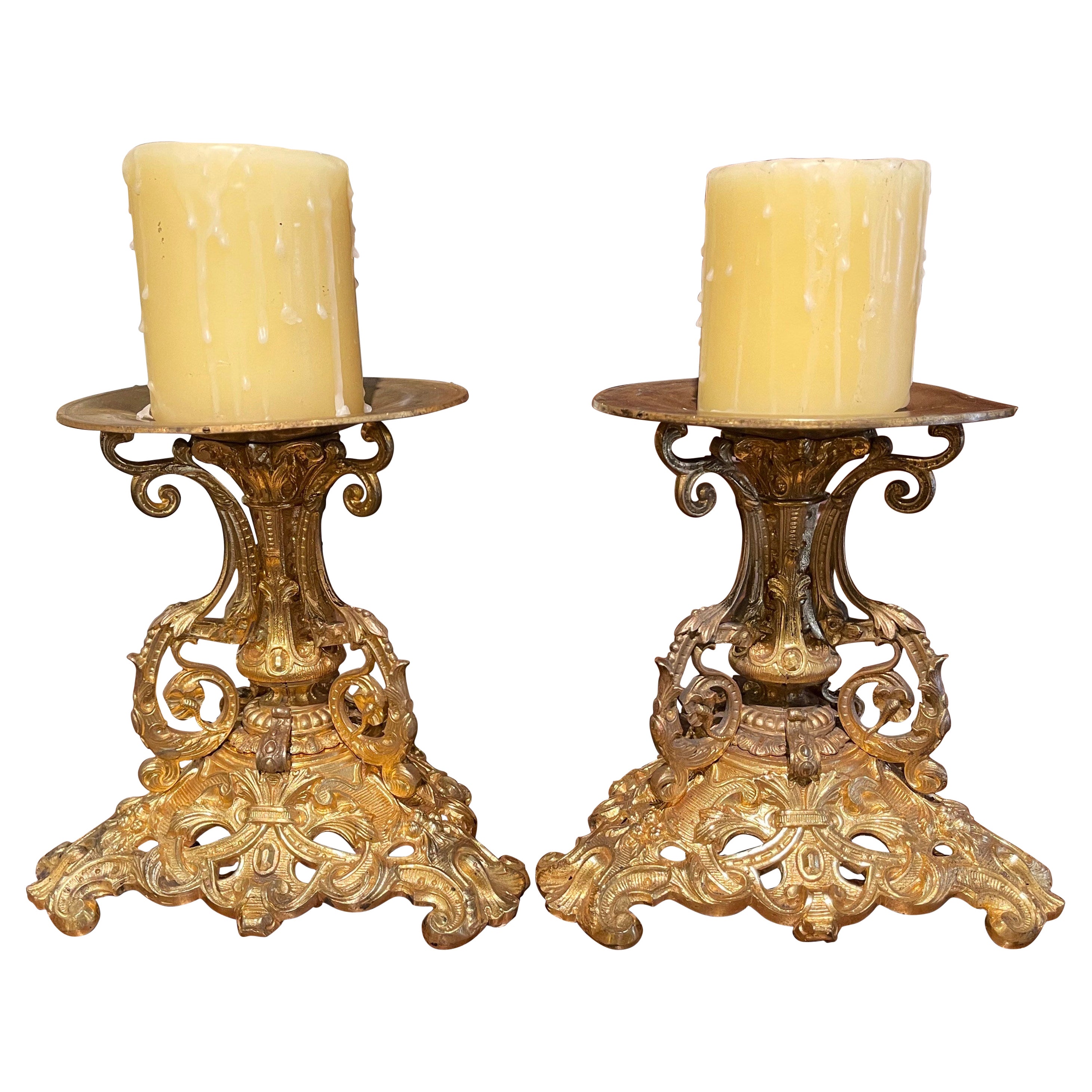 Pair of 19th Century French Louis XV Bronze Dore Candle Holders