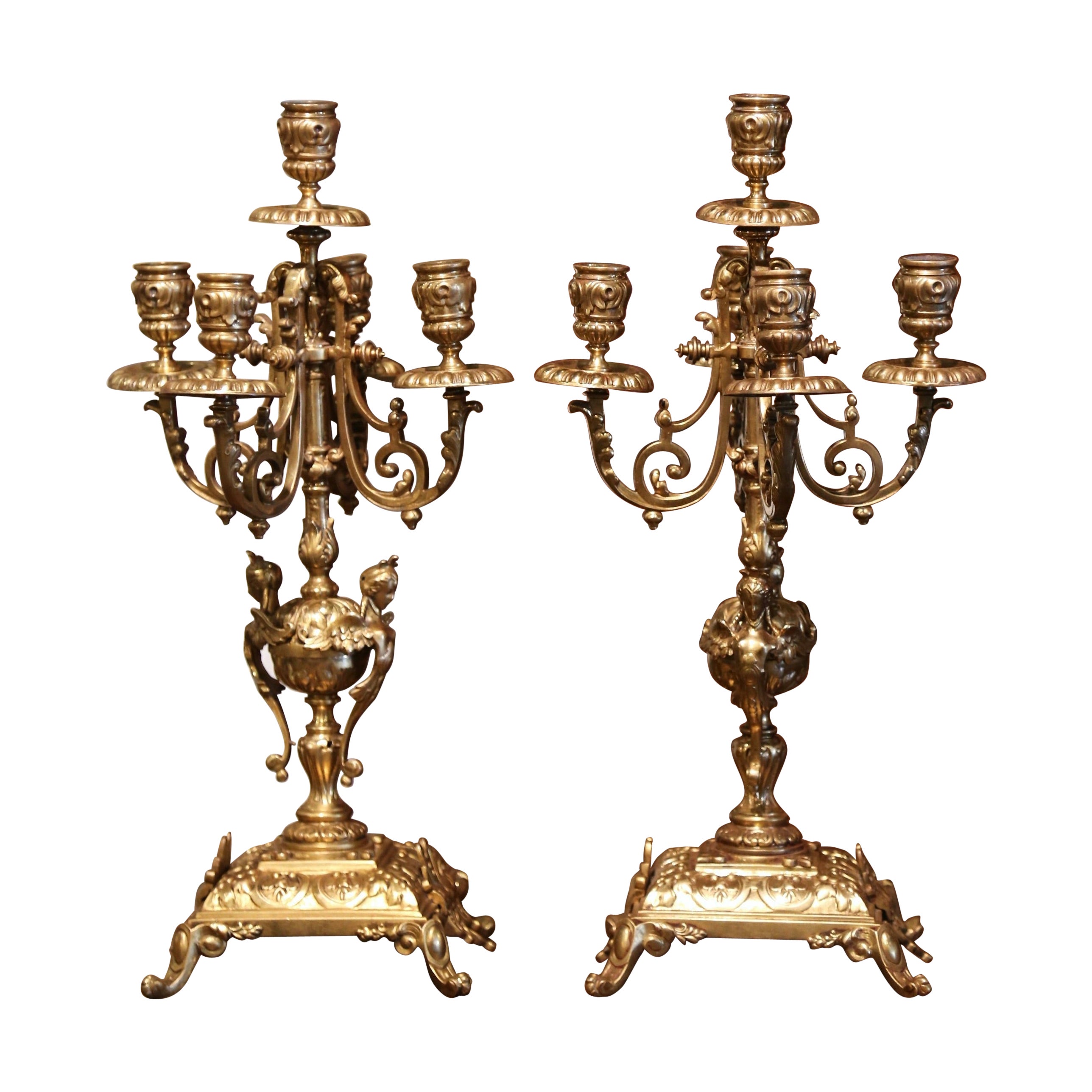 Pair of 19th Century French Napoleon III Bronze Dore Five-Light Candelabras