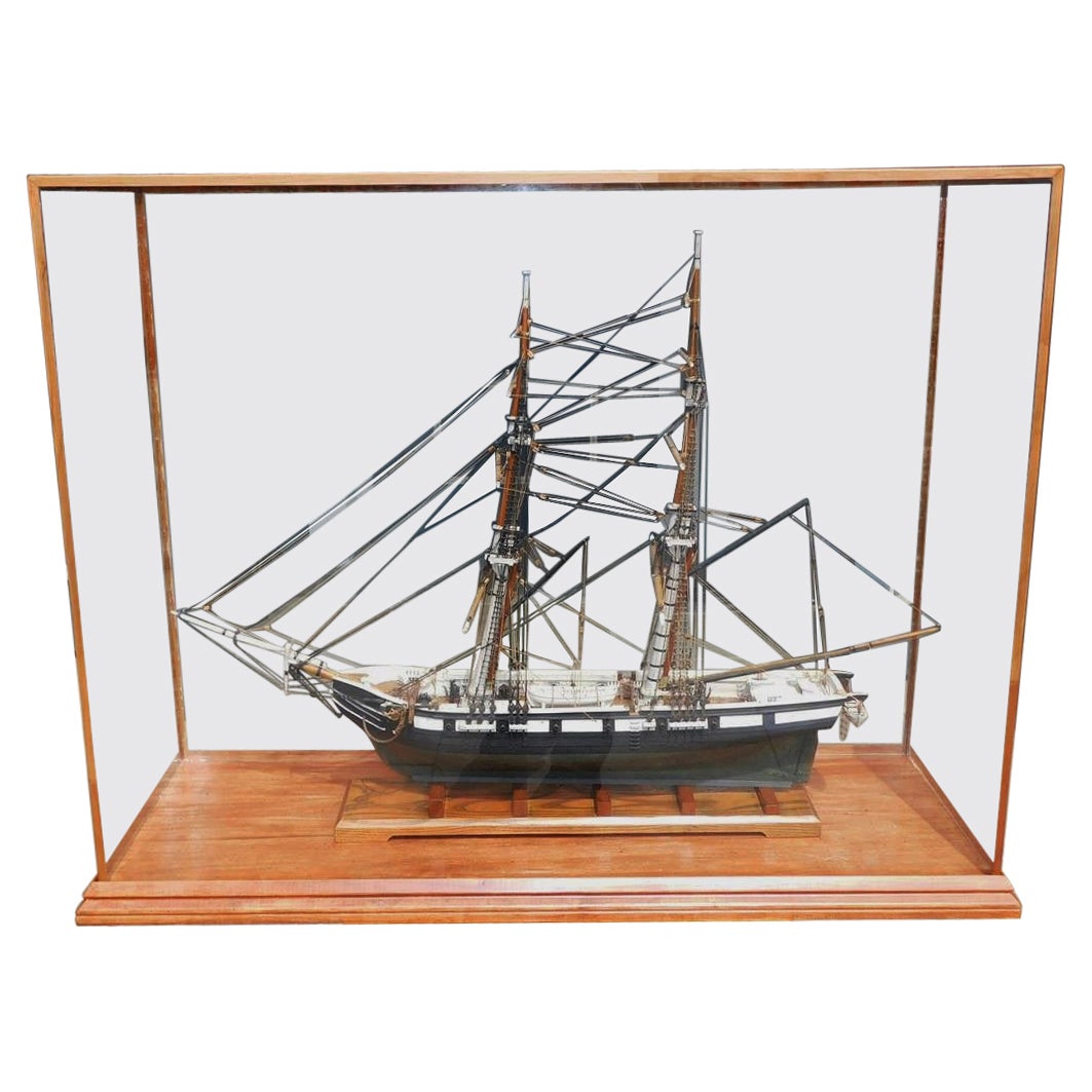 American Naval Two Masted Clipper Ship Brig Model Under Glass, US Perry 20th C.
