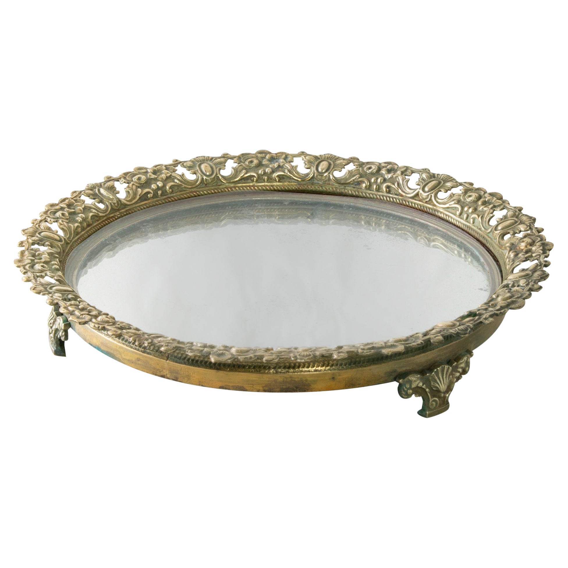 Early 20th Century French Footed Bronze Vanity Tray with Mirror