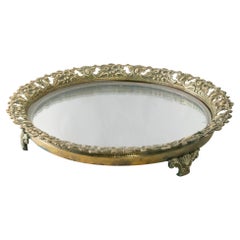 Antique Early 20th Century French Footed Bronze Vanity Tray with Mirror