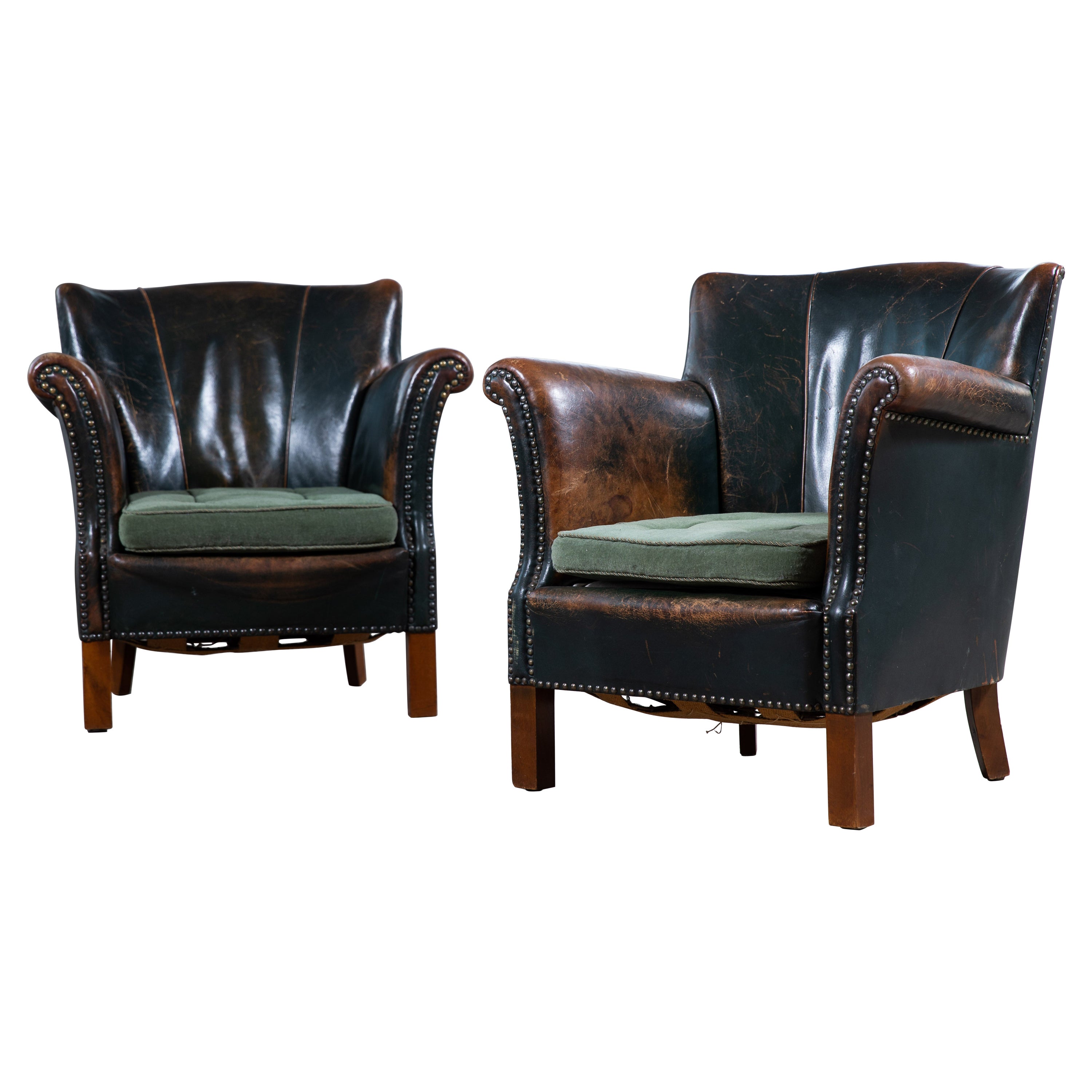 Pair of 1930-40's Classic Danish Club Chairs in Green Patinated Leather