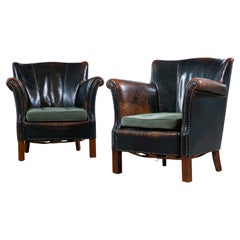 Vintage Pair of 1930-40's Classic Danish Club Chairs in Green Patinated Leather