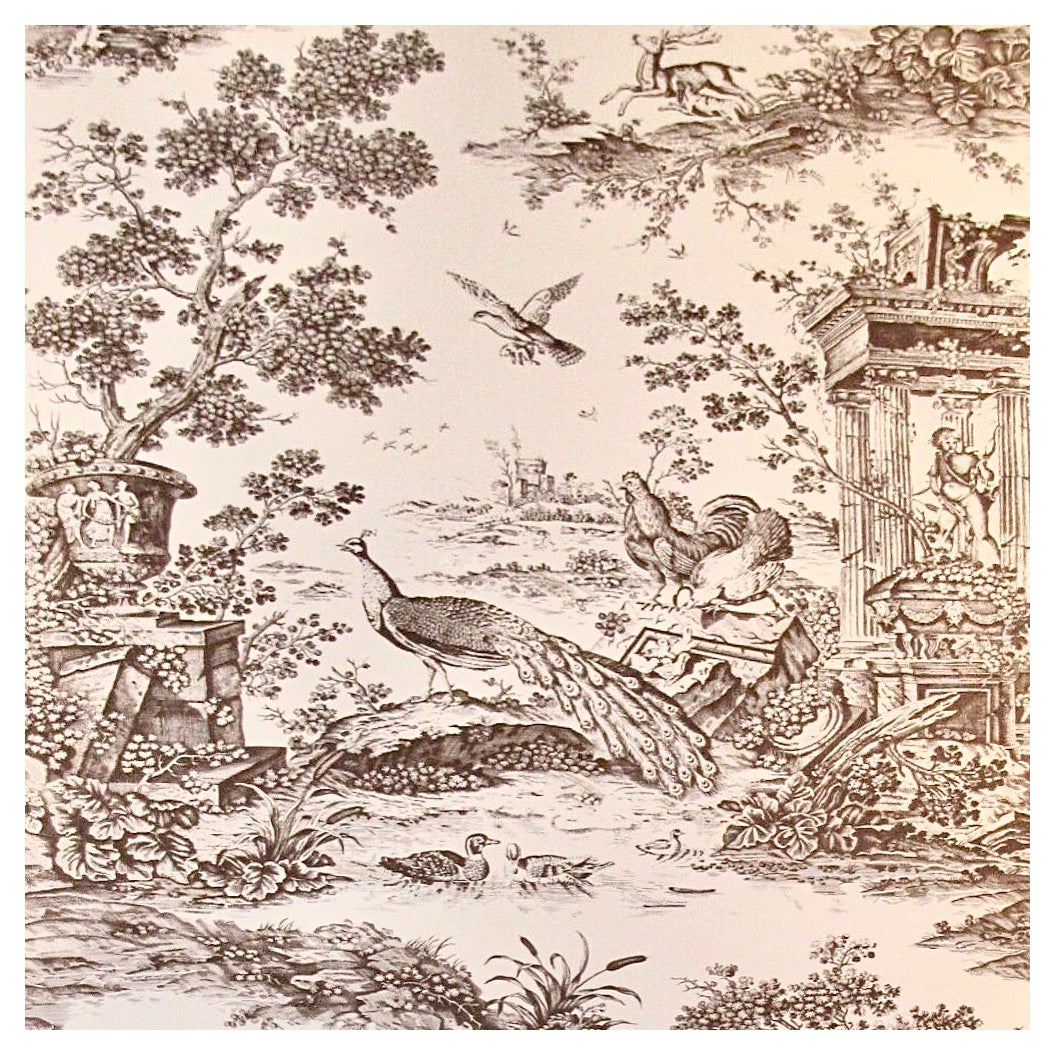 Colonial Williamsburg Schumacher Jones Toile Cream Hand-print Figural Wallpaper For Sale