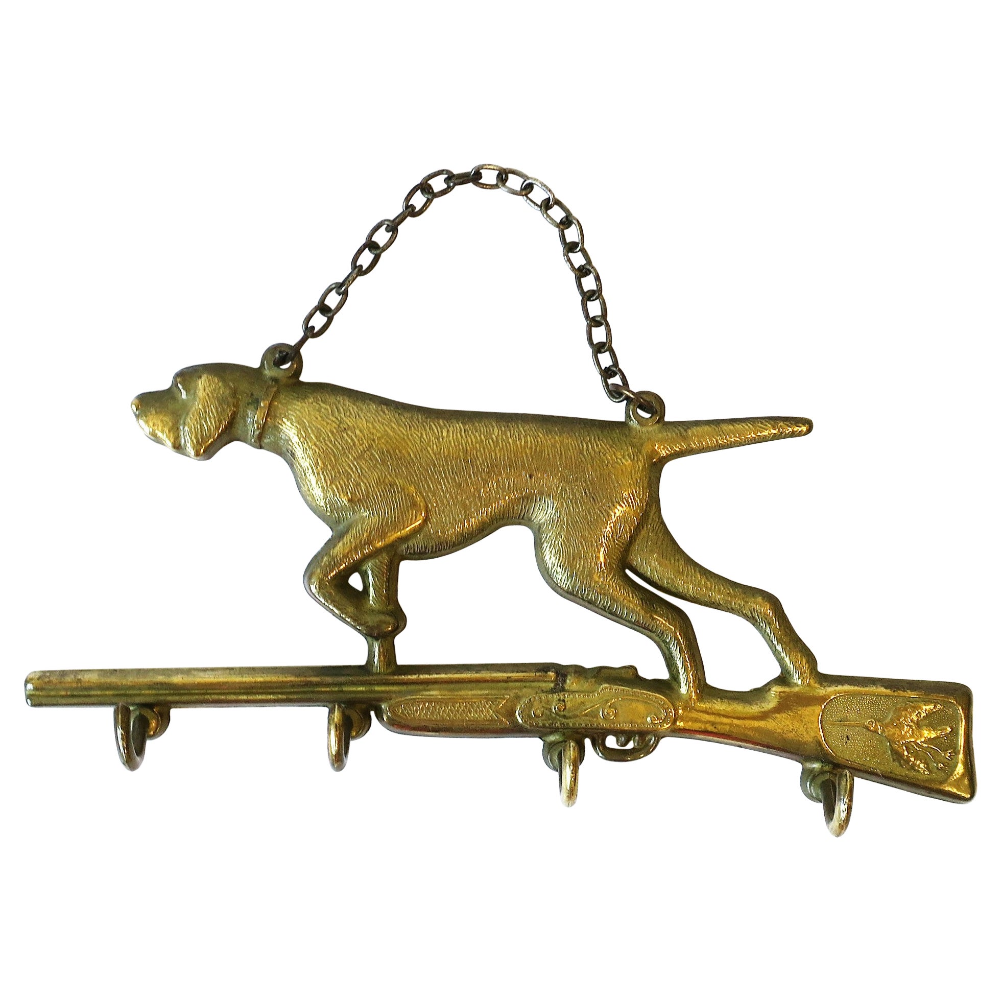 Italian Brass Hunting Dog and Rifle Wall Key Hook Holder
