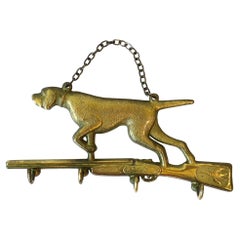 Antique Italian Brass Hunting Dog and Rifle Wall Key Hook Holder