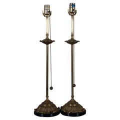 2 Vintage Baroque French Revival Brass & Marble Candlestick Buffet Table Lamps