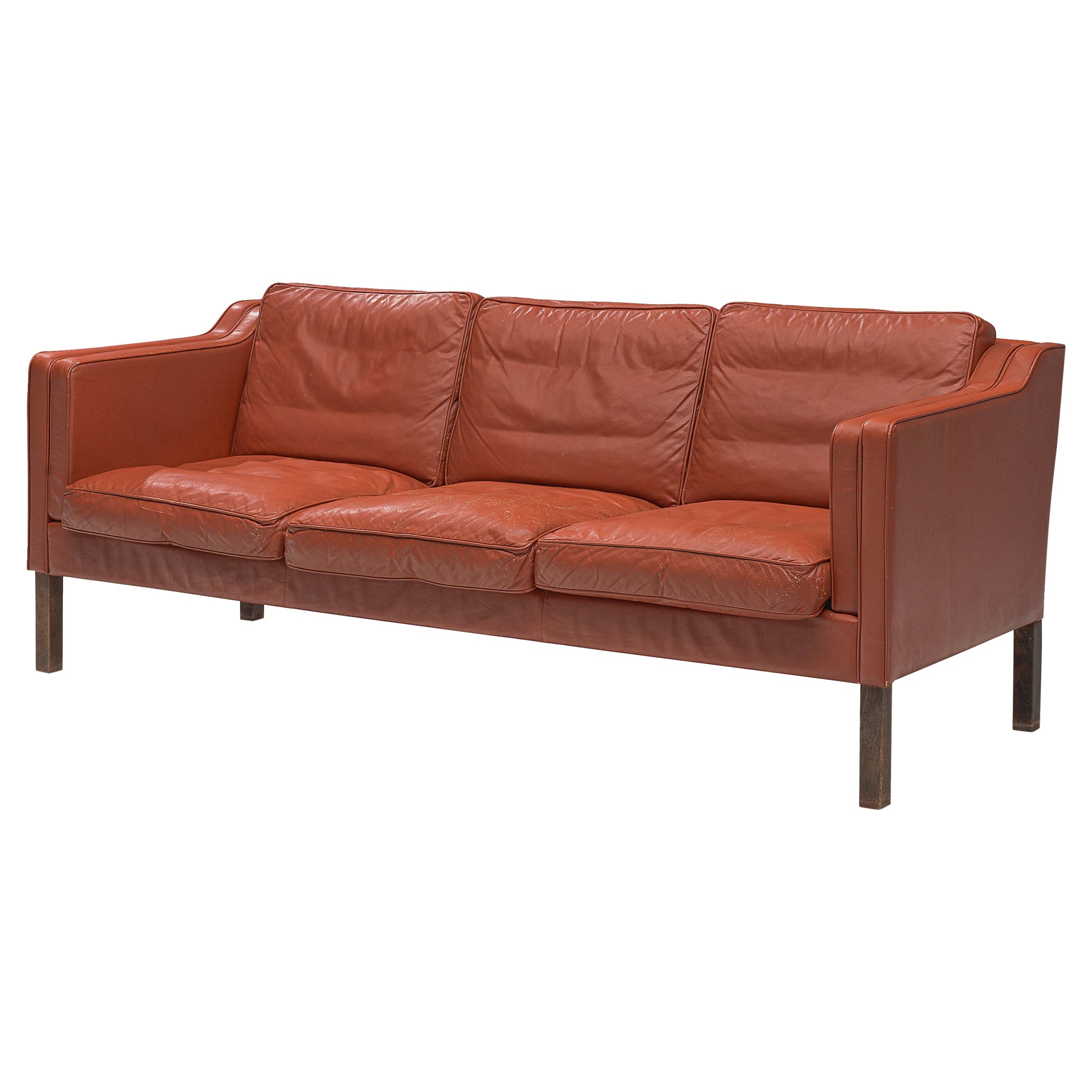 Danish Three-Seater Sofa in Red Leather and Oak