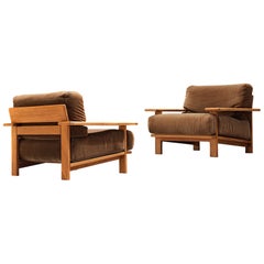 Pair of Lounge Chairs in Teak and Brown Velvet Cushions