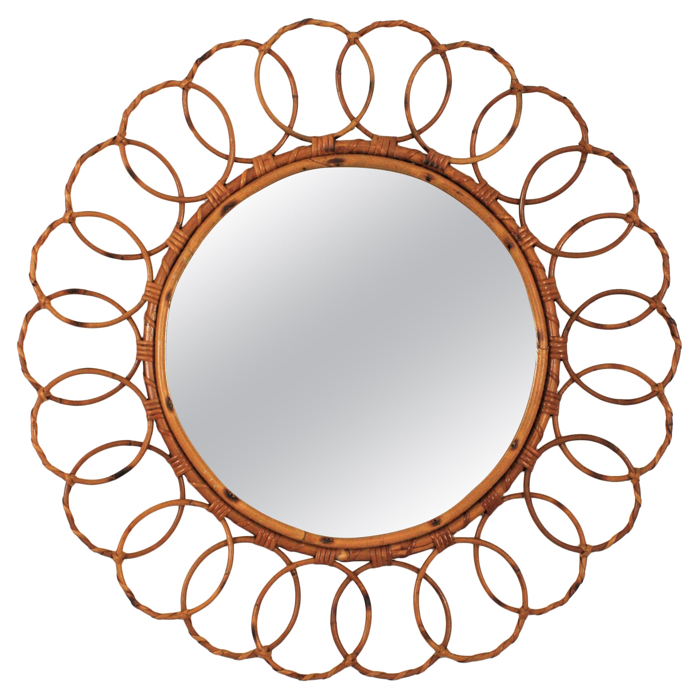 Rattan Round Mirror with Filigree Scrollwork Frame, Spain, 1960s For Sale at 1stDibs