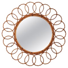 Rattan Round Mirror with Rings Frame, 1960s