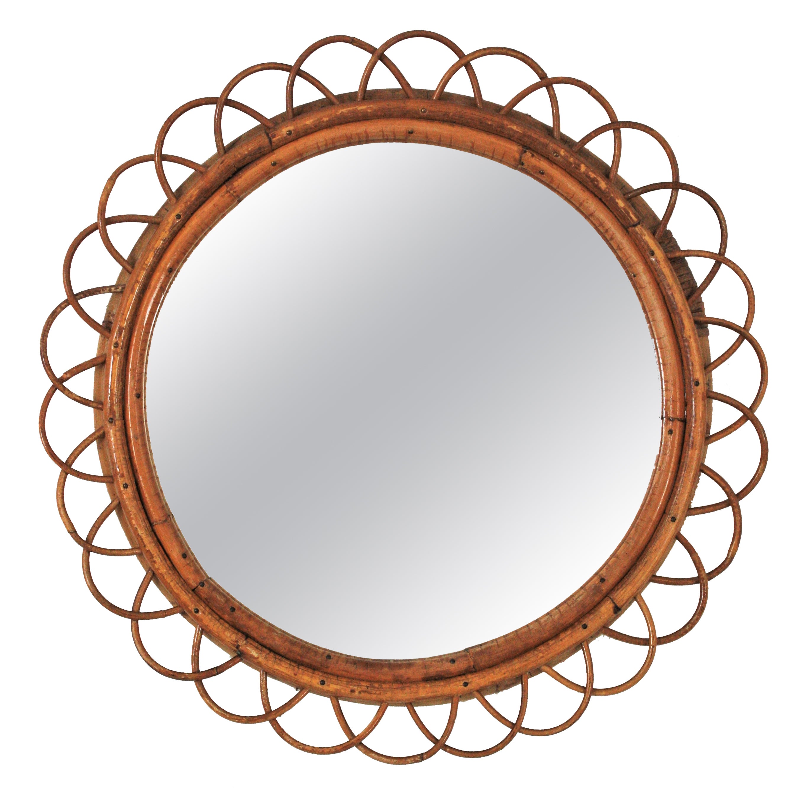 Rattan and Bamboo Flower Round Wall Mirror