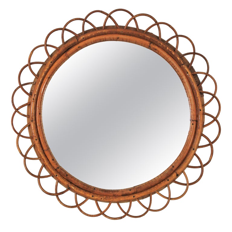 Rattan and Bamboo Flower Round Wall Mirror at 1stDibs