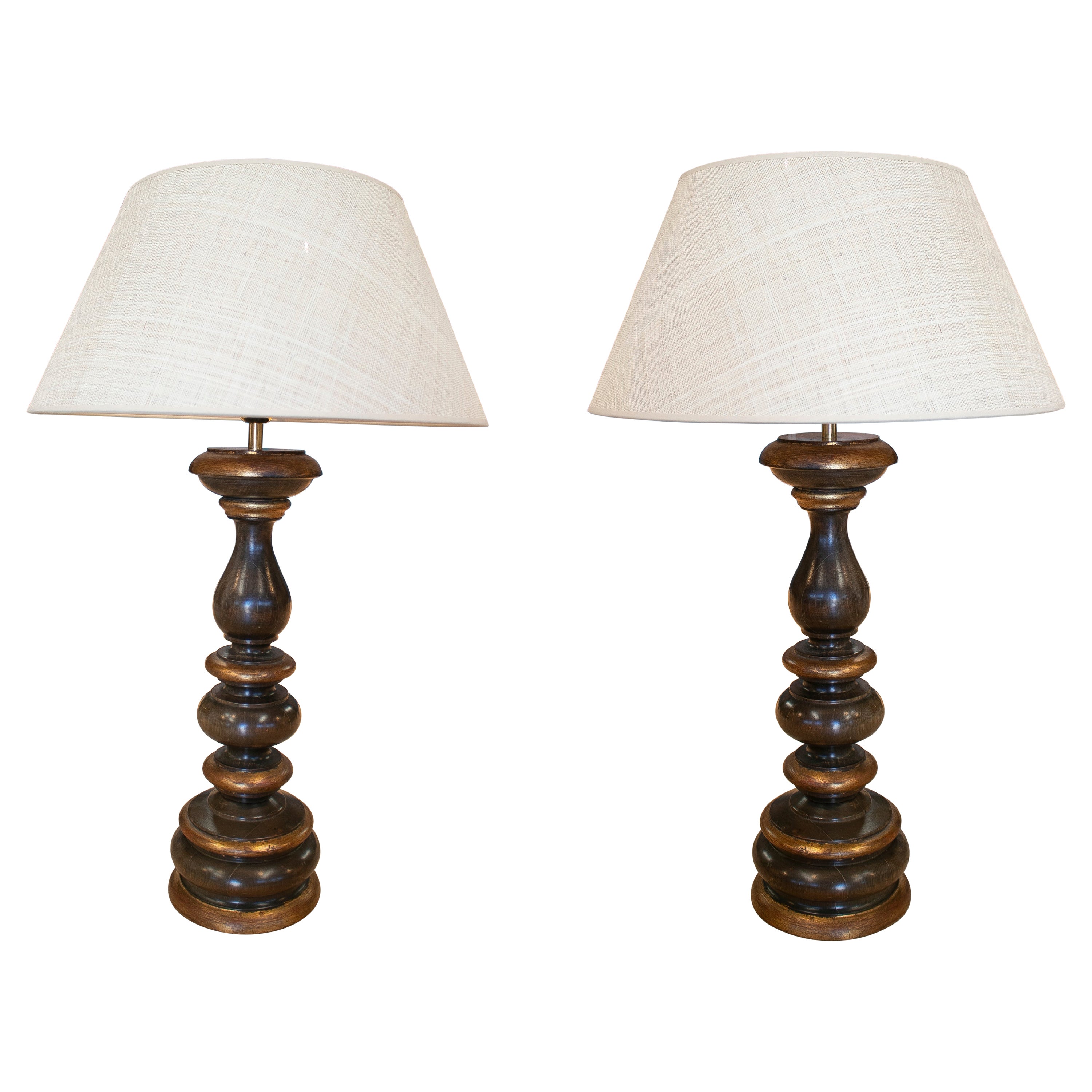 Pair of 1990s Spanish Wooden Spindle Table Lamps