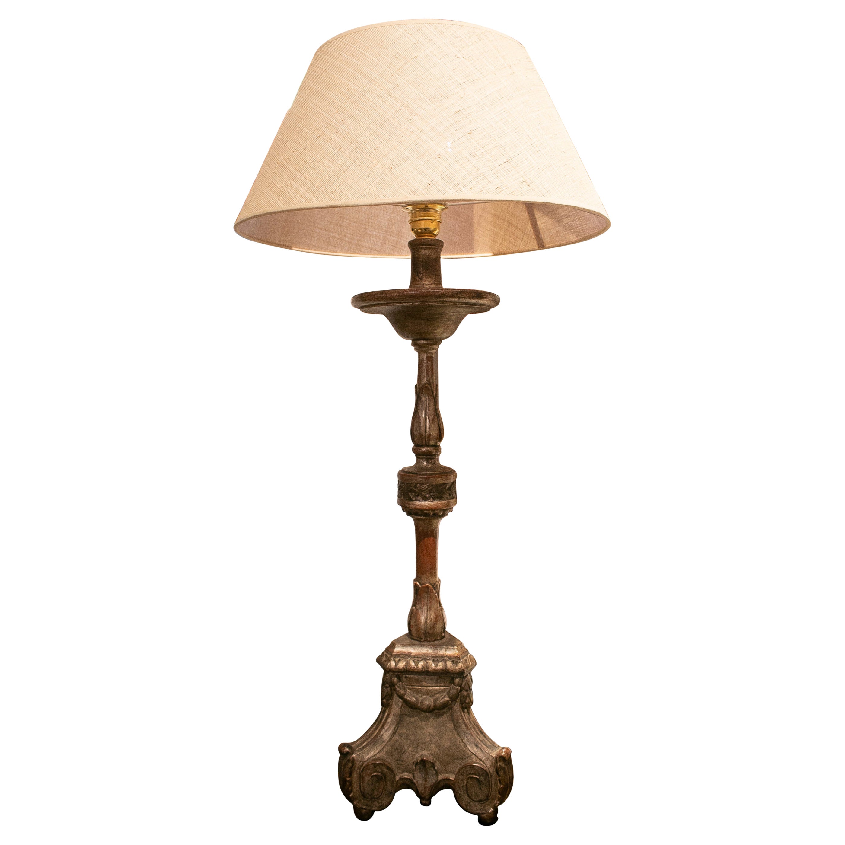 19th Century Spanish Giltwood Candlestick Turned Table Lamp