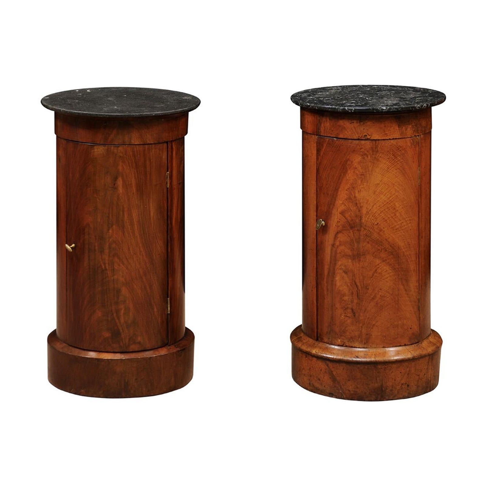 Matched Pair of Cylindrical Cabinets in Mahogany with Black Marble Tops