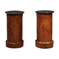Matched Pair of Cylindrical Cabinets in Mahogany with Black Marble Tops