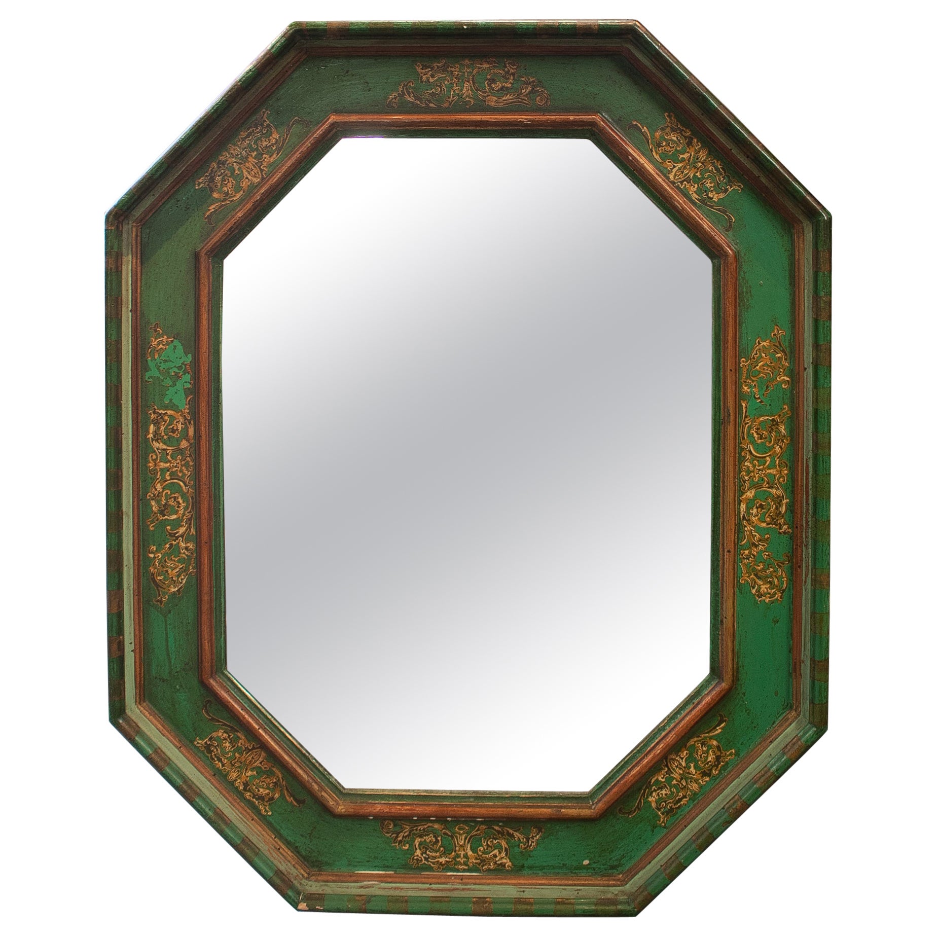 1980s Spanish Wooden Wall Mirror w/ Green & Gold Painted Frame