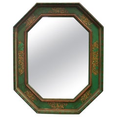 Vintage 1980s Spanish Wooden Wall Mirror w/ Green & Gold Painted Frame