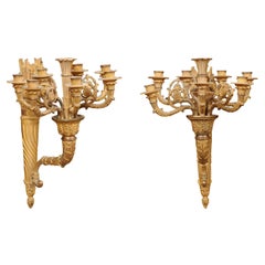 Pair of Large Louis XVI Style Gilt Bronze Sconces with 7 Lights, 19th Century