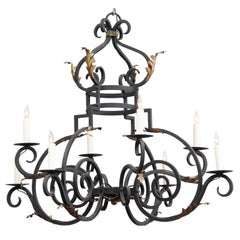 French Style Iron Chandelier with 8 Lights & Gilt Acanthus Leaves, Reproduction