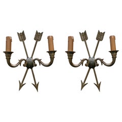 Pair of 1950s French Bronze 2-Arm Wall Sconces w/ Crossed Arrows