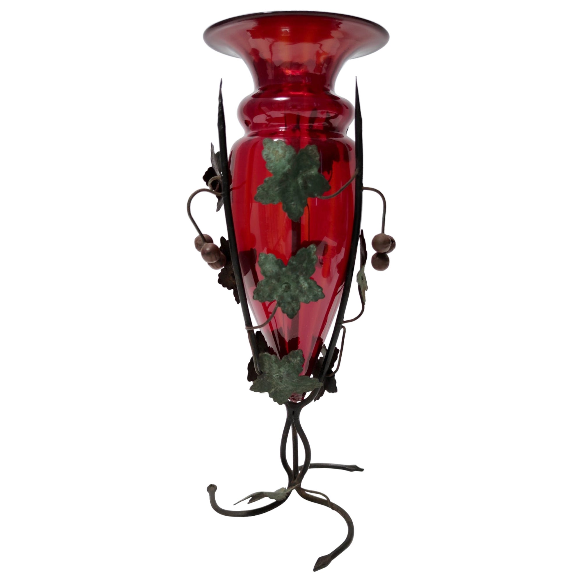 Ruby Red Murano Glass Vase with Iron Grape Vines Ascribable to Umberto Bellotto For Sale