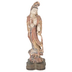 Antique Chinese Carved and Painted Wood Sculpture of Guanyin