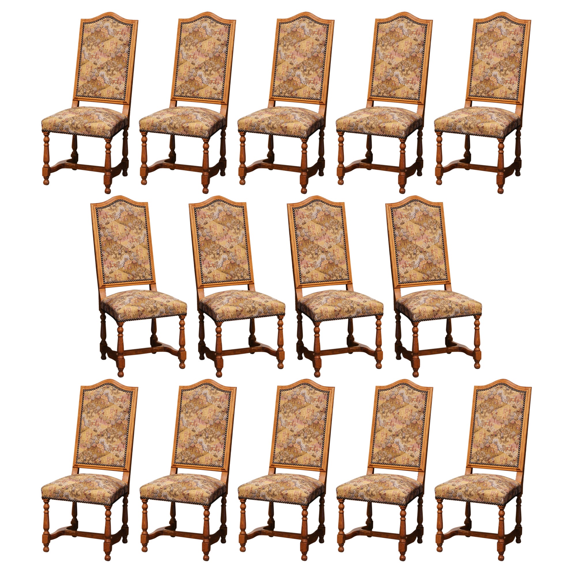 20th Century French Louis XIV Carved Oak Dining Room, Suite of 14 Chairs