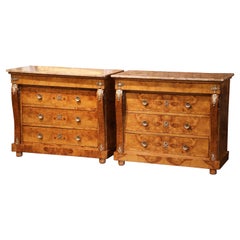 Pair of Mid-Century French Empire Burl Elm and Marble Top Chest of Drawers