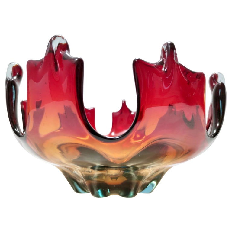 Stunning Midcentury Red and Orange Murano Glass Bowl or Centerpiece, Italy For Sale