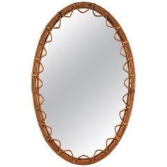 French Rattan Oval Mirror with Jagged Edge, 1950s