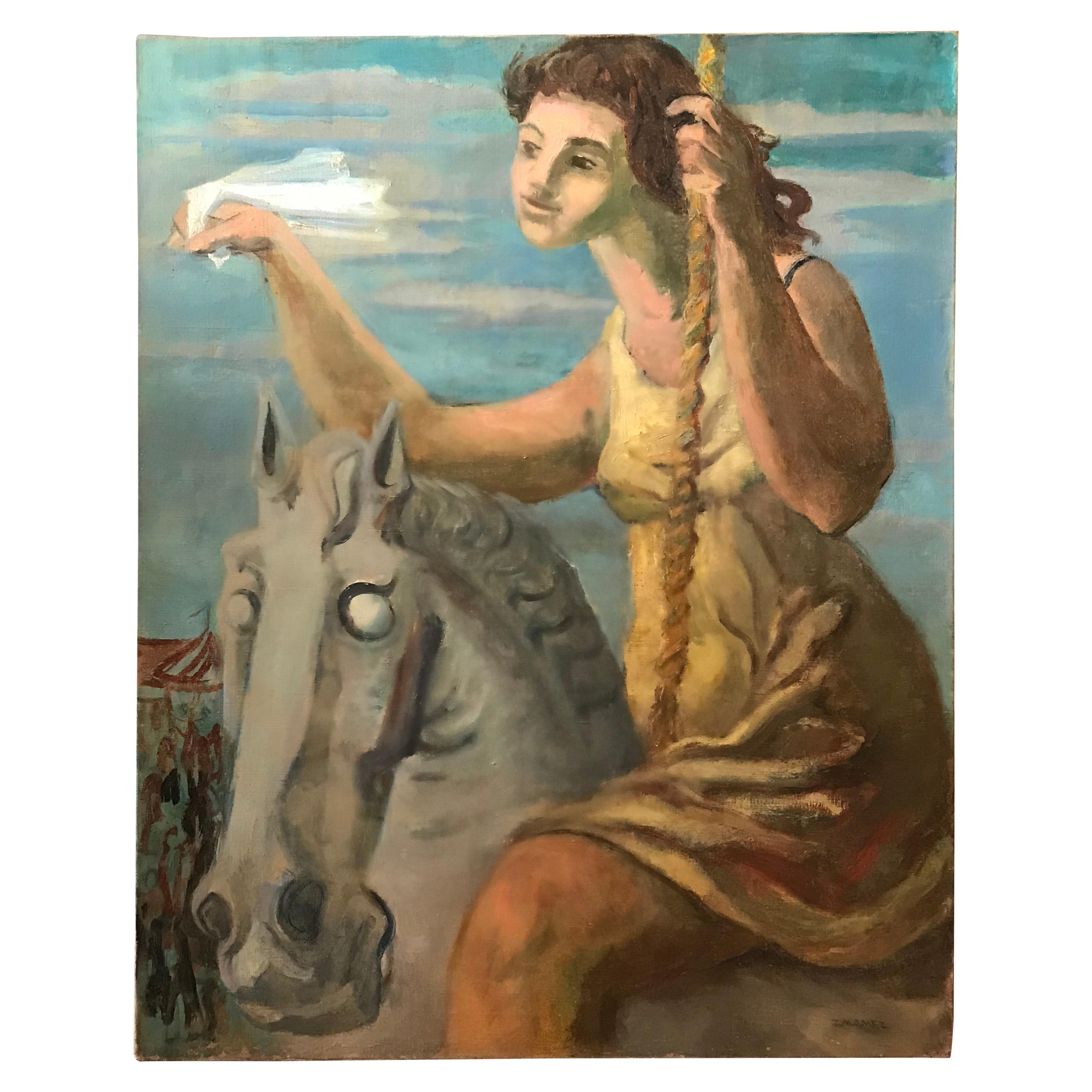 Peinture à l'huile sur toile « Carousel » de J. Mamez