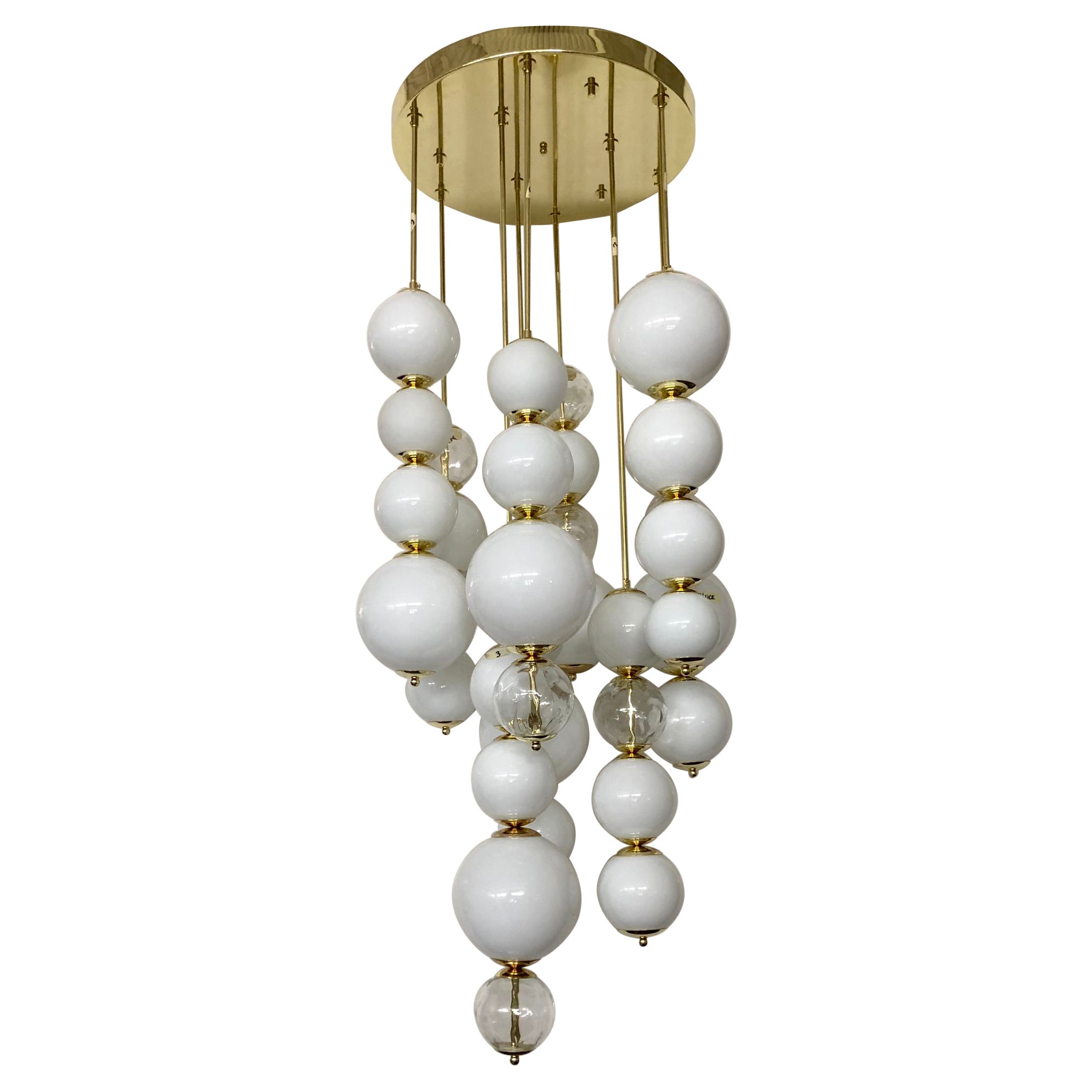 Murano Art Glass Round White Color and Transparent Chandelier, 1980 For Sale