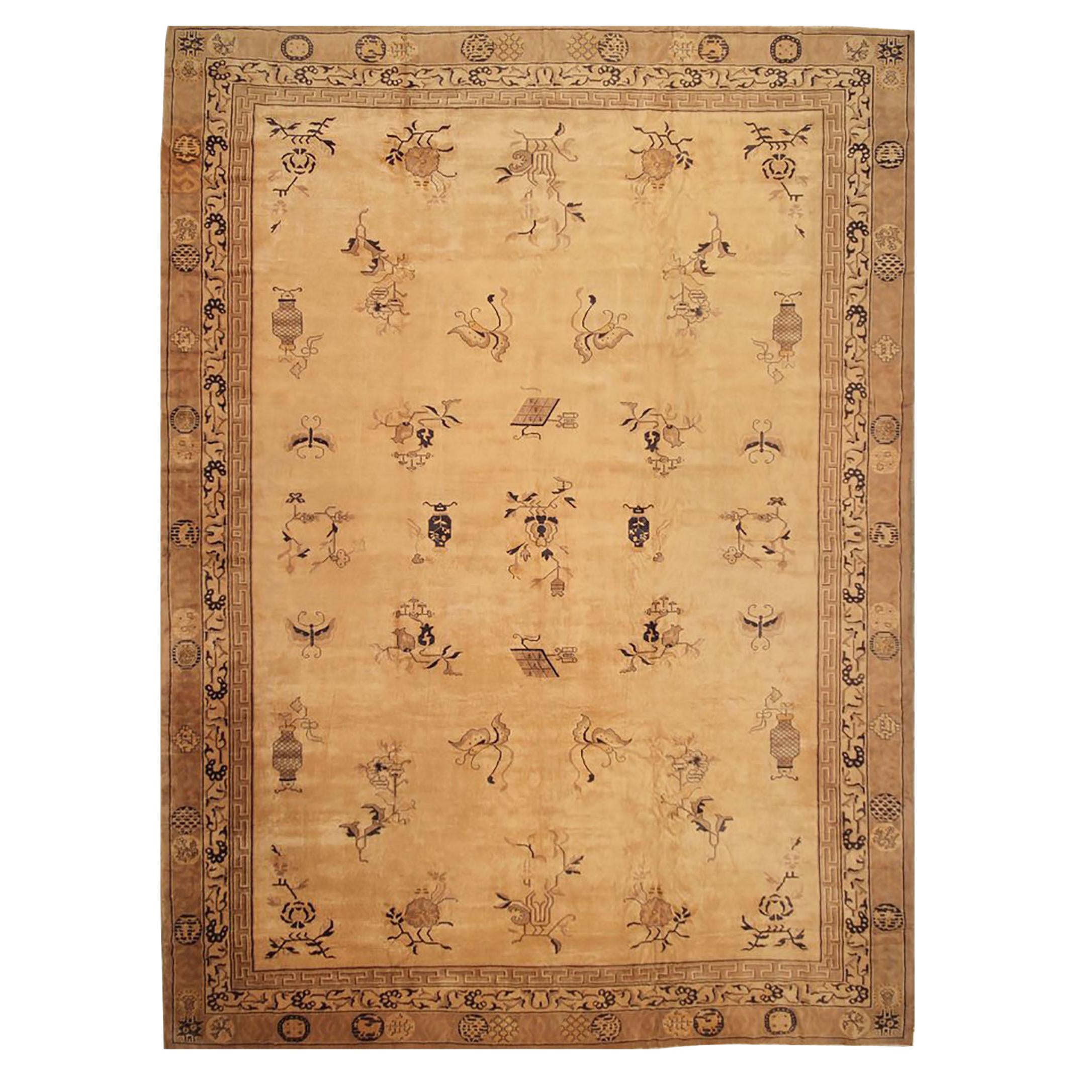 Hand-Knotted Antique Indochinese Rug in Gold with Beige-Brown Patterns For Sale