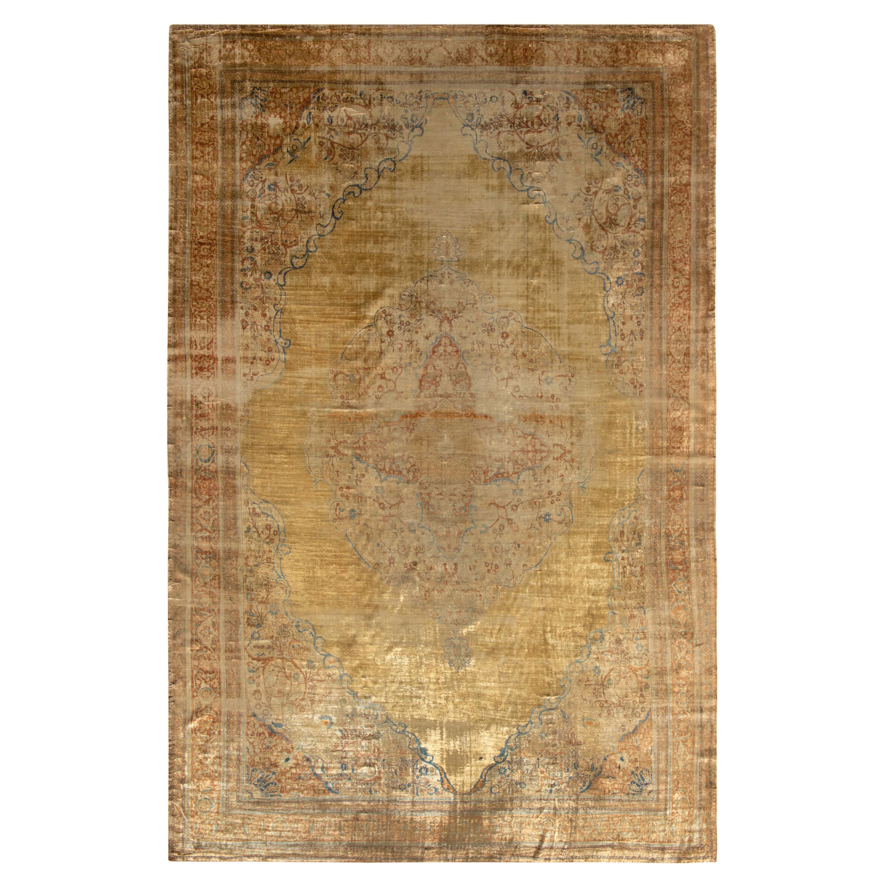 Hand-Knotted Antique Tabriz Persian Rug, Gold and Beige-Brown Medallion Pattern For Sale