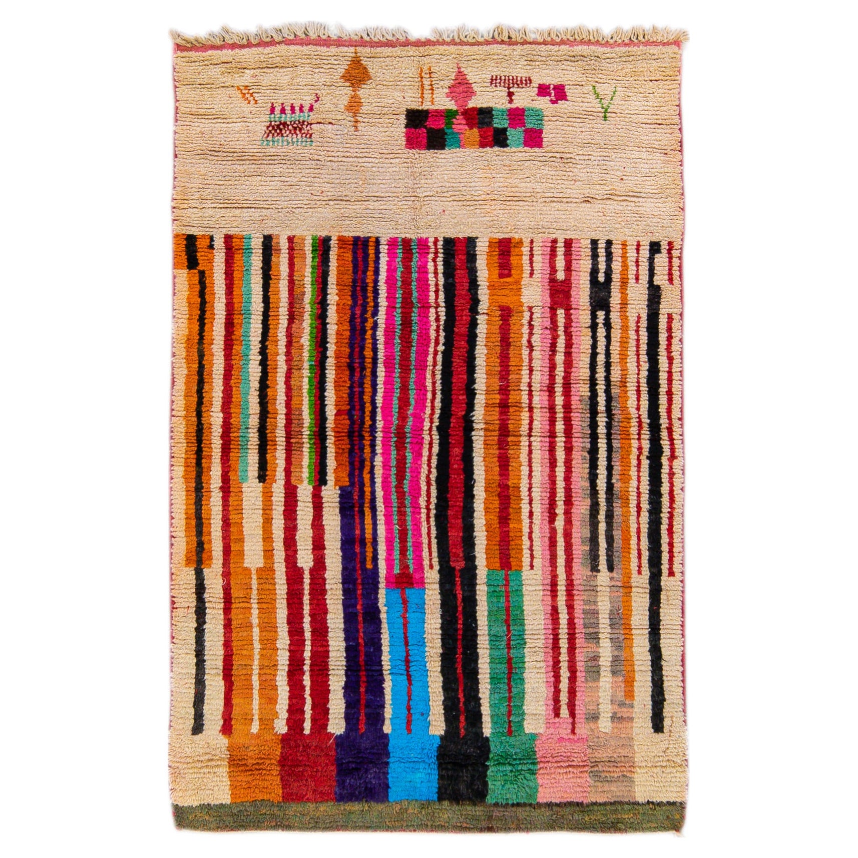 Vintage Beni Ourain Moroccan Handmade Multicolor Designed Beige Wool Rug For Sale