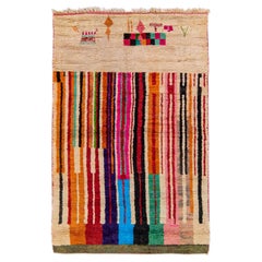 Vintage Beni Ourain Moroccan Handmade Multicolor Designed Beige Wool Rug