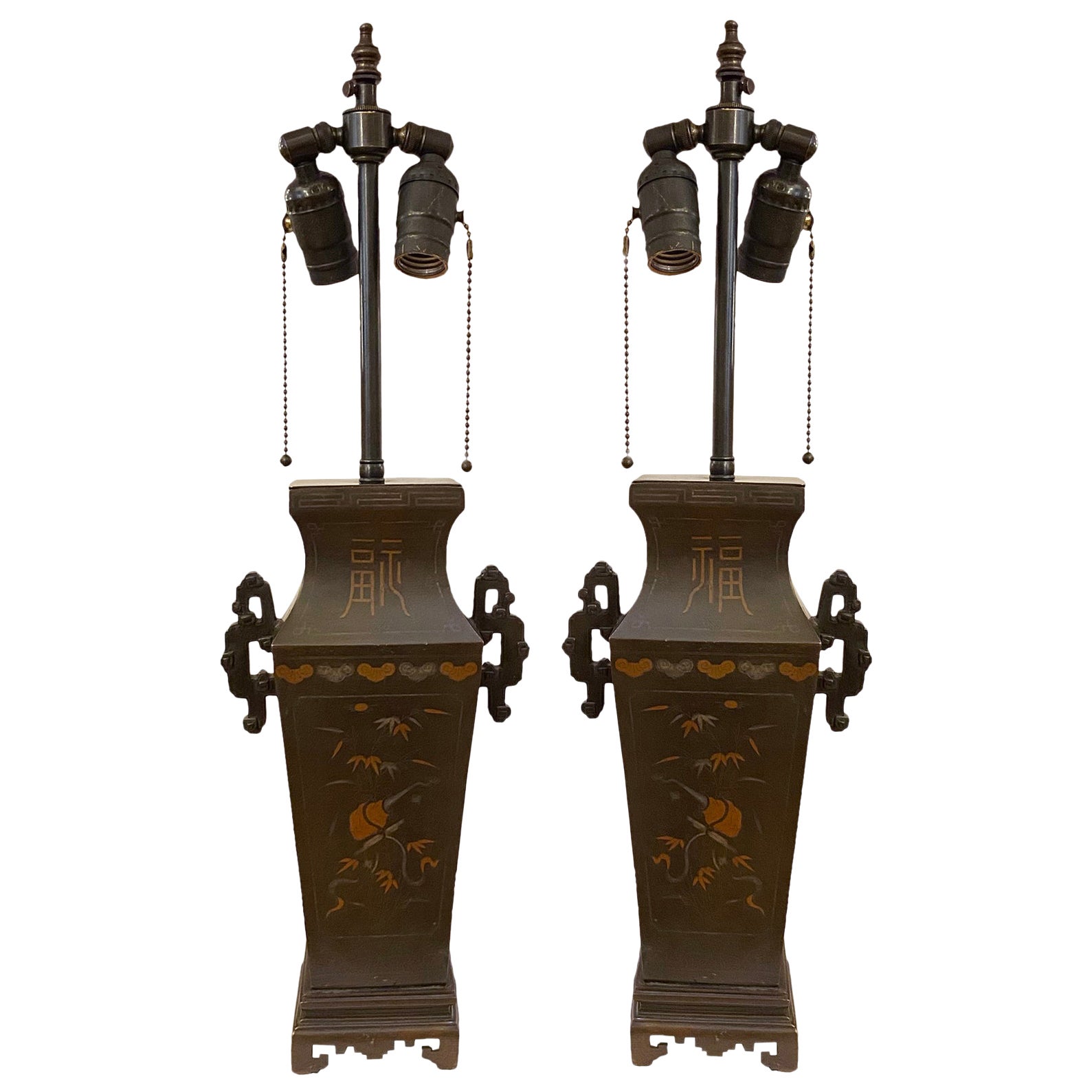 Pair of Bronze Chinese Lamps For Sale