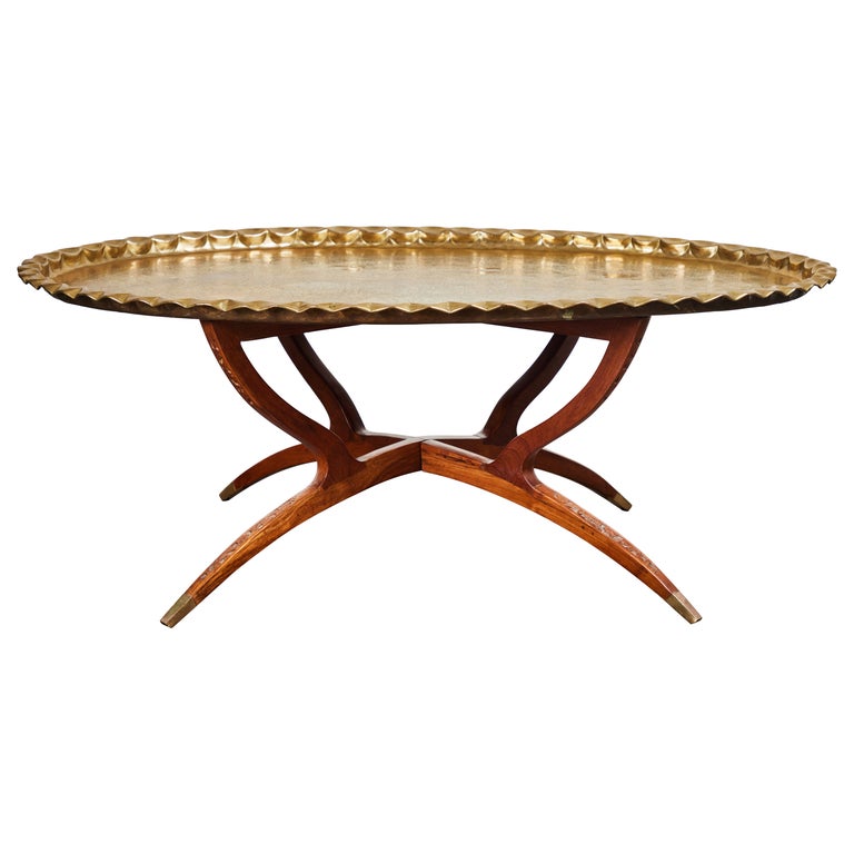 Moroccan Brass Tray Coffee Table on MidCentury Style Base at 1stDibs