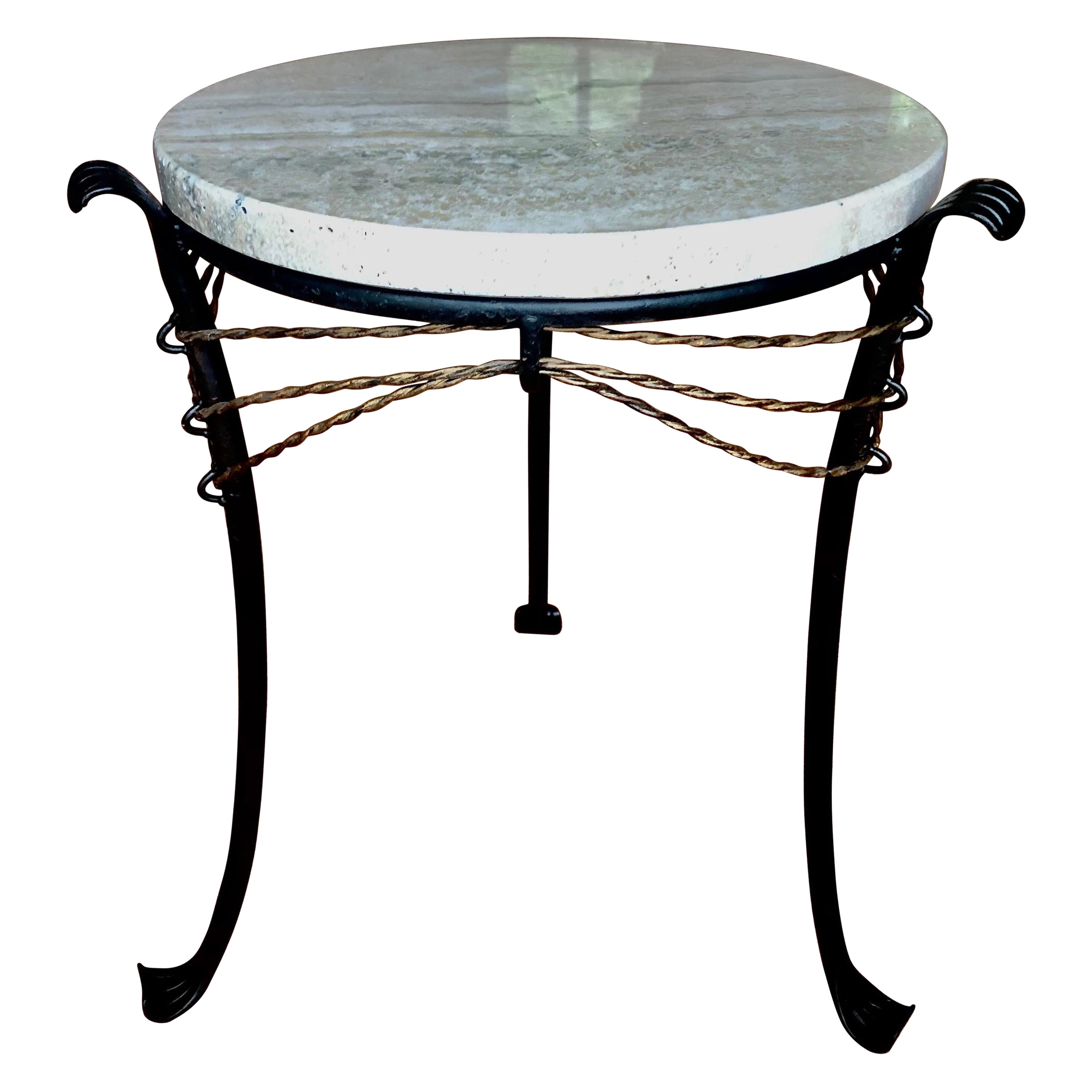 French Mid-Century Modern Neoclassical Gilt Wrought Iron & Travertine Side Table