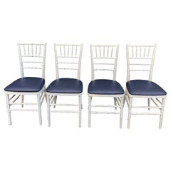 Set of Four Classic White Wooden Chiavari Chairs with Navy Seats