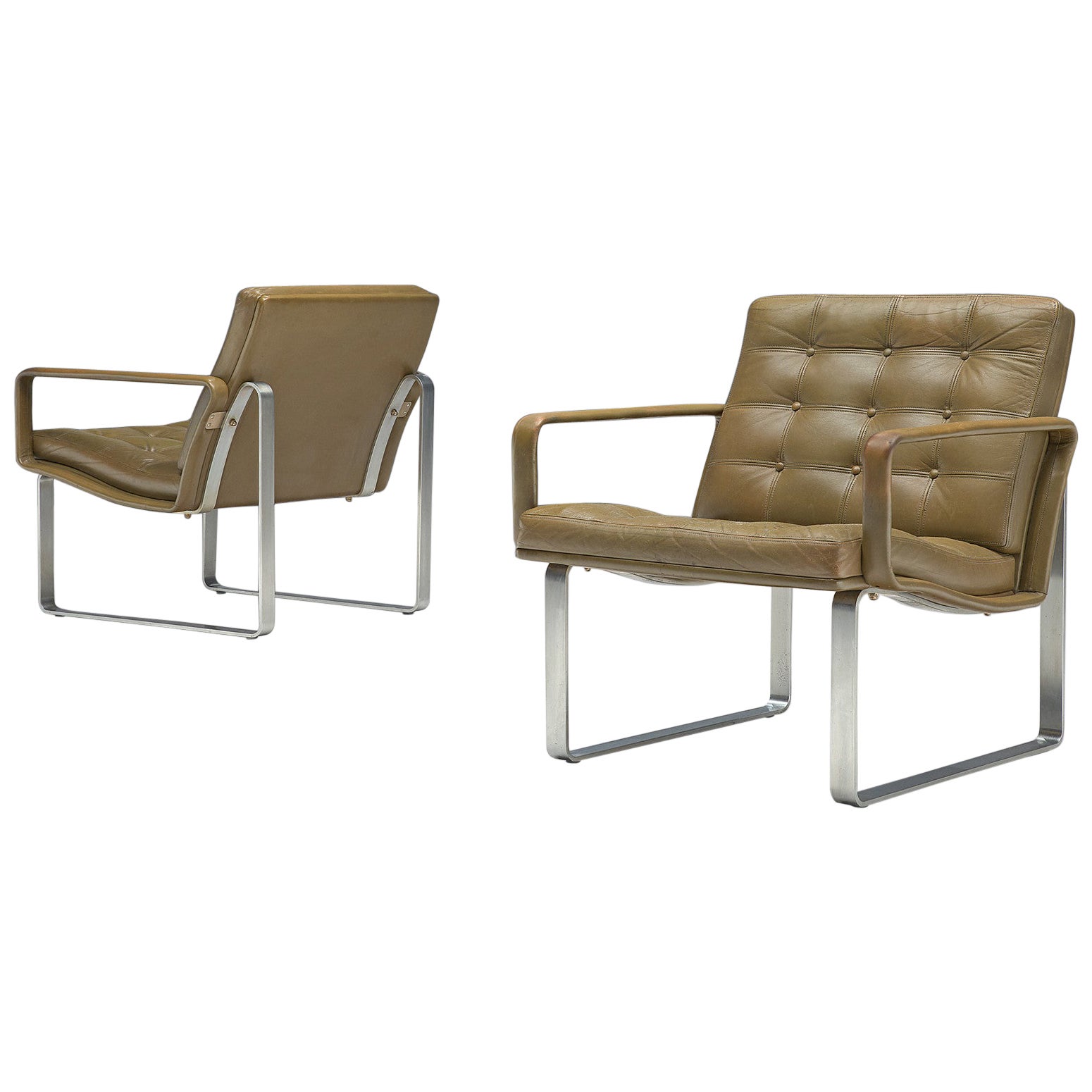 Ole Gjerløv-Knudsen & Torben Lind Pair of Lounge Chairs in Olive Green Leather