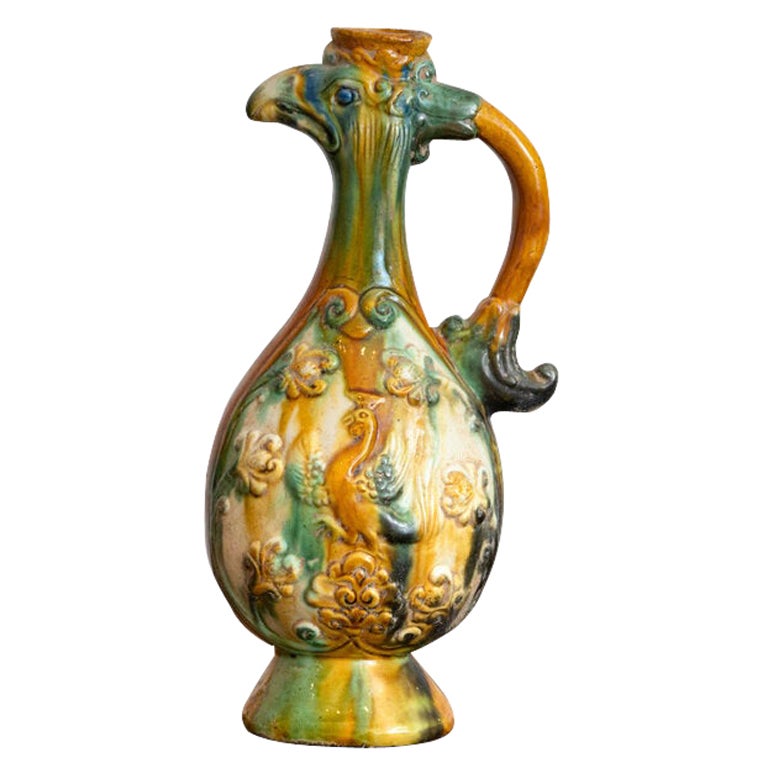 Chinese Sancai Pottery Phoenix Form Ewer in Glazed Ceramic For Sale