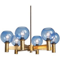 Chandelier in Brass with Blue Coloured Glass Shades